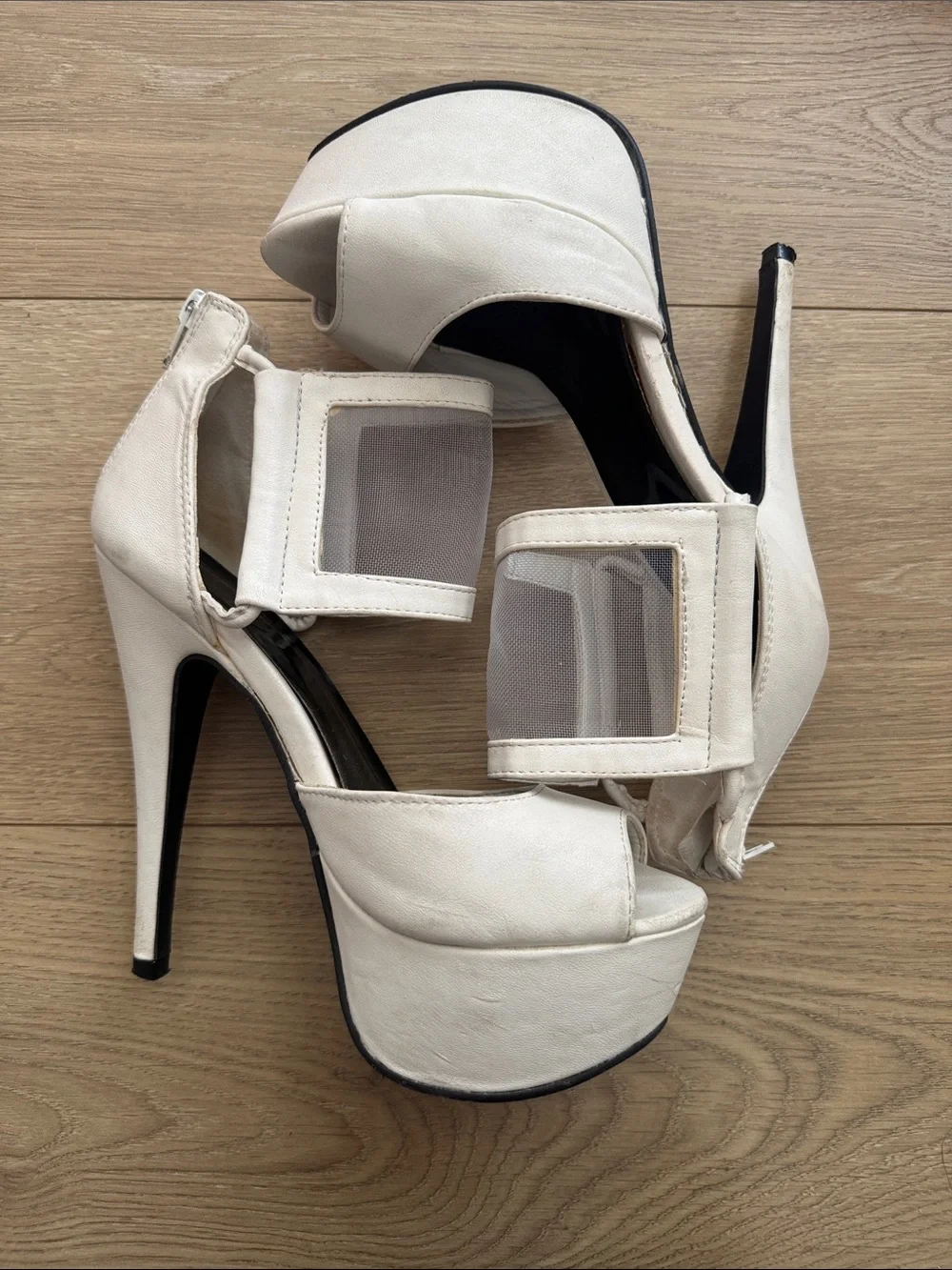 White Platform Peep-Toe High Heels with Mesh Strap
